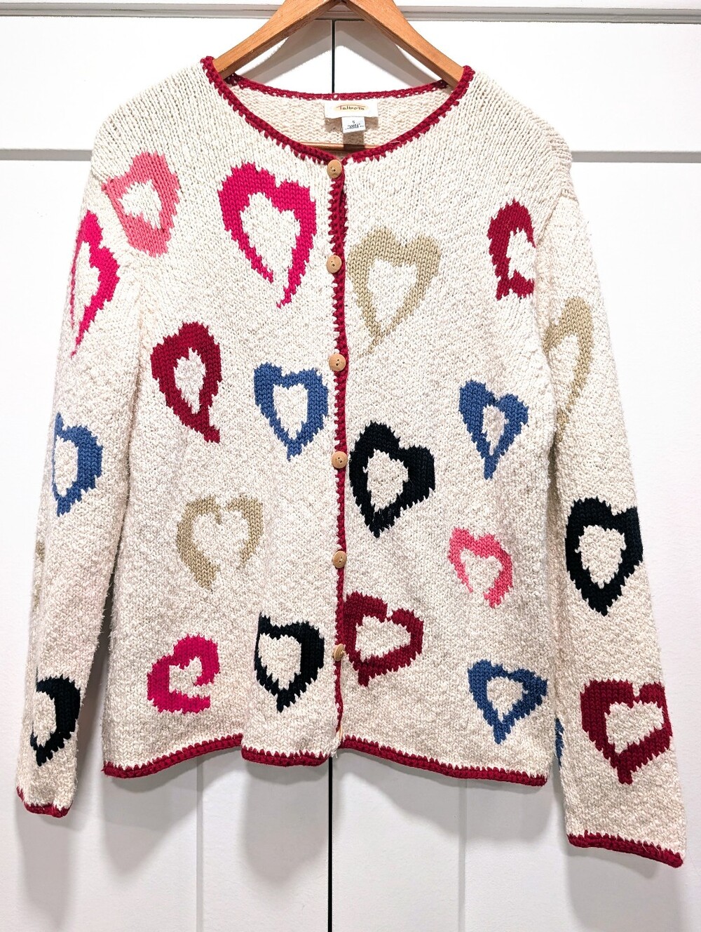 VINTAGE Talbots Cream Cardigan with Multi-Color Heart Motif Size Small